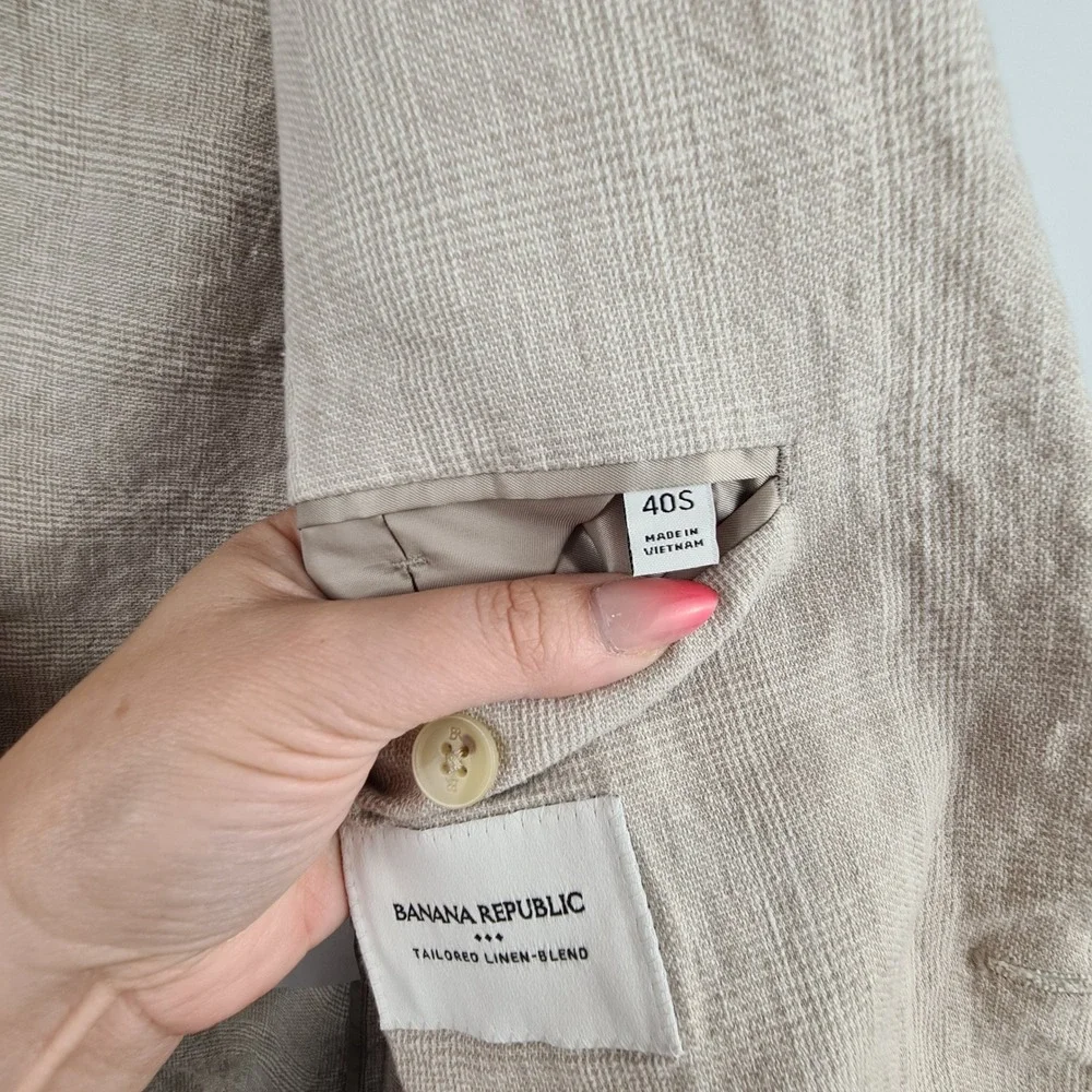 Banana Republic Mens 40S Tailored Linen Blend Glen Plaid Blazer Beige 40 Short